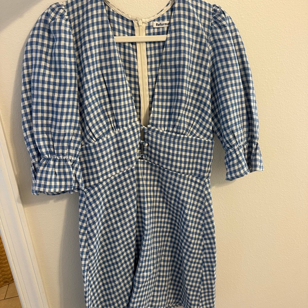 Blue and White Reformation Gingham Dress